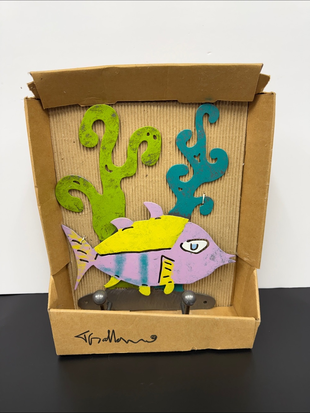 Colorful Pink & Yellow Fish Wall Hook with Teal and Green Coral Accents